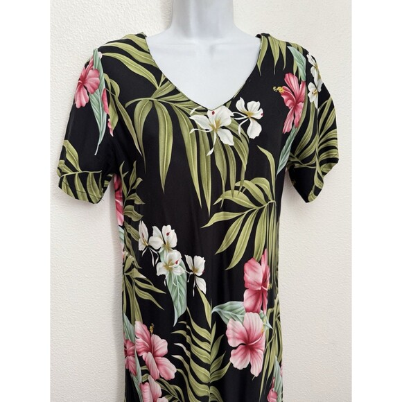 PUANANI by RJC Hawaiian Maxi Dress Black Green Floral Size M V Neck EUC USA - Picture 3 of 7